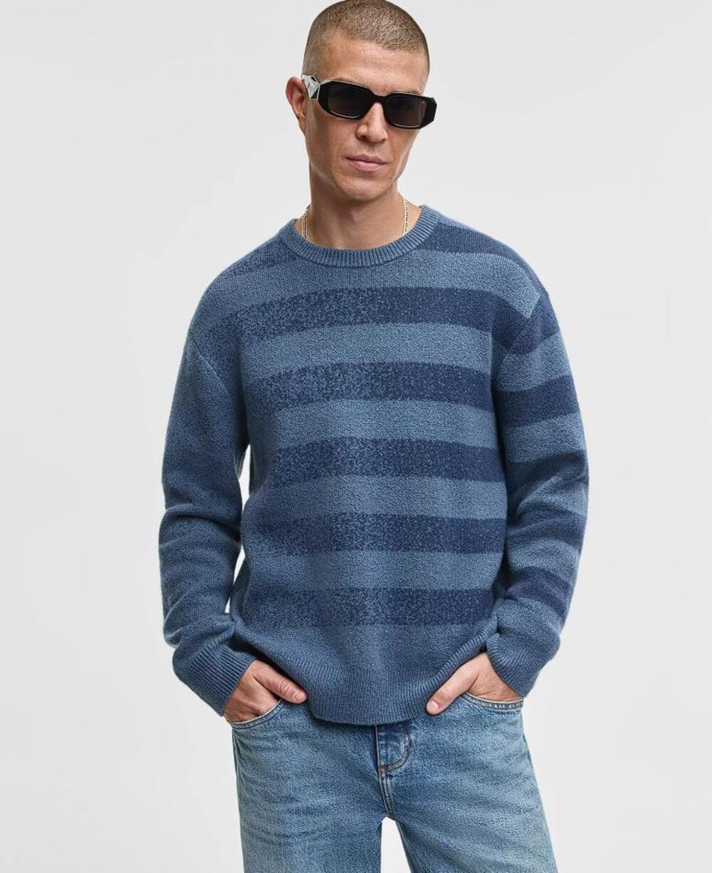 MODE OF ONE Men's Relaxed-Fit Rugby Stripe Sweater Size M In Blue Asphalt